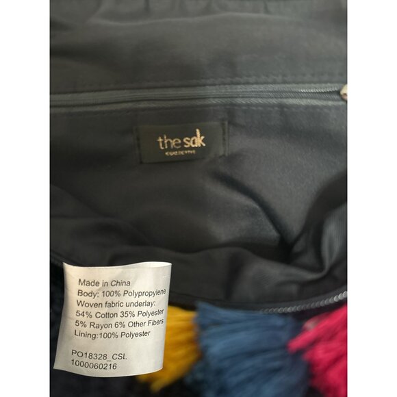 The Sak Purse Navy Crochet Overlay Gold Dual Handle Top Zip Tassel Shoulder Bag - Picture 8 of 9